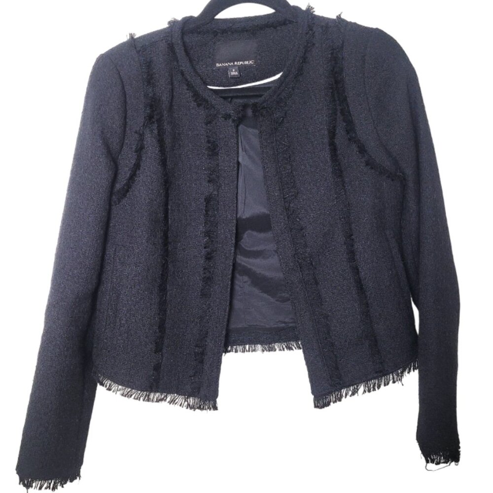 Banana Republic Black Tweed Fringe Blazer size 2
